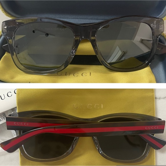 GUCCI GREY TRANSPARENT FRAMES WITH GUCCI COLORS ON ARMS WITH GREY MIRROR LENSES - Picture 2 of 16